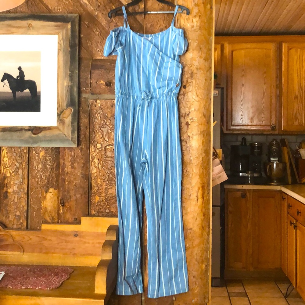Brand—bebe size—girls 14  color—blue and white striped jumpsuit